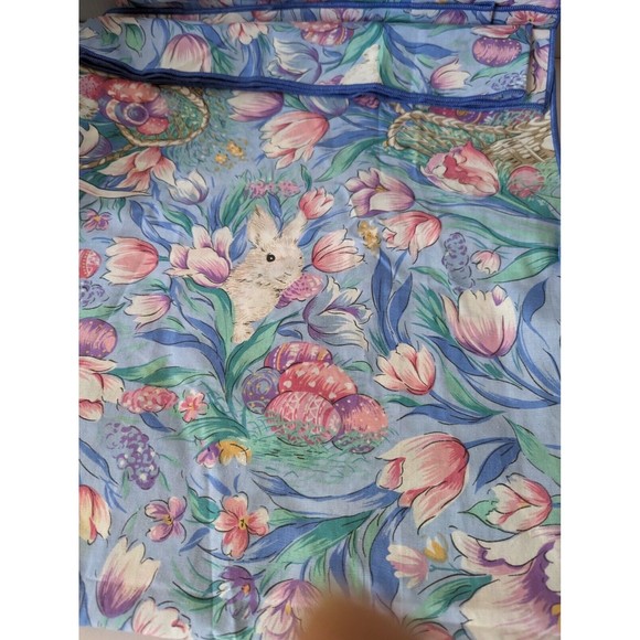 Vintage Easter Bunny Spring Tulips Tablecloth 60x82 Rabbits Blue Eggs Flowers - Picture 3 of 6